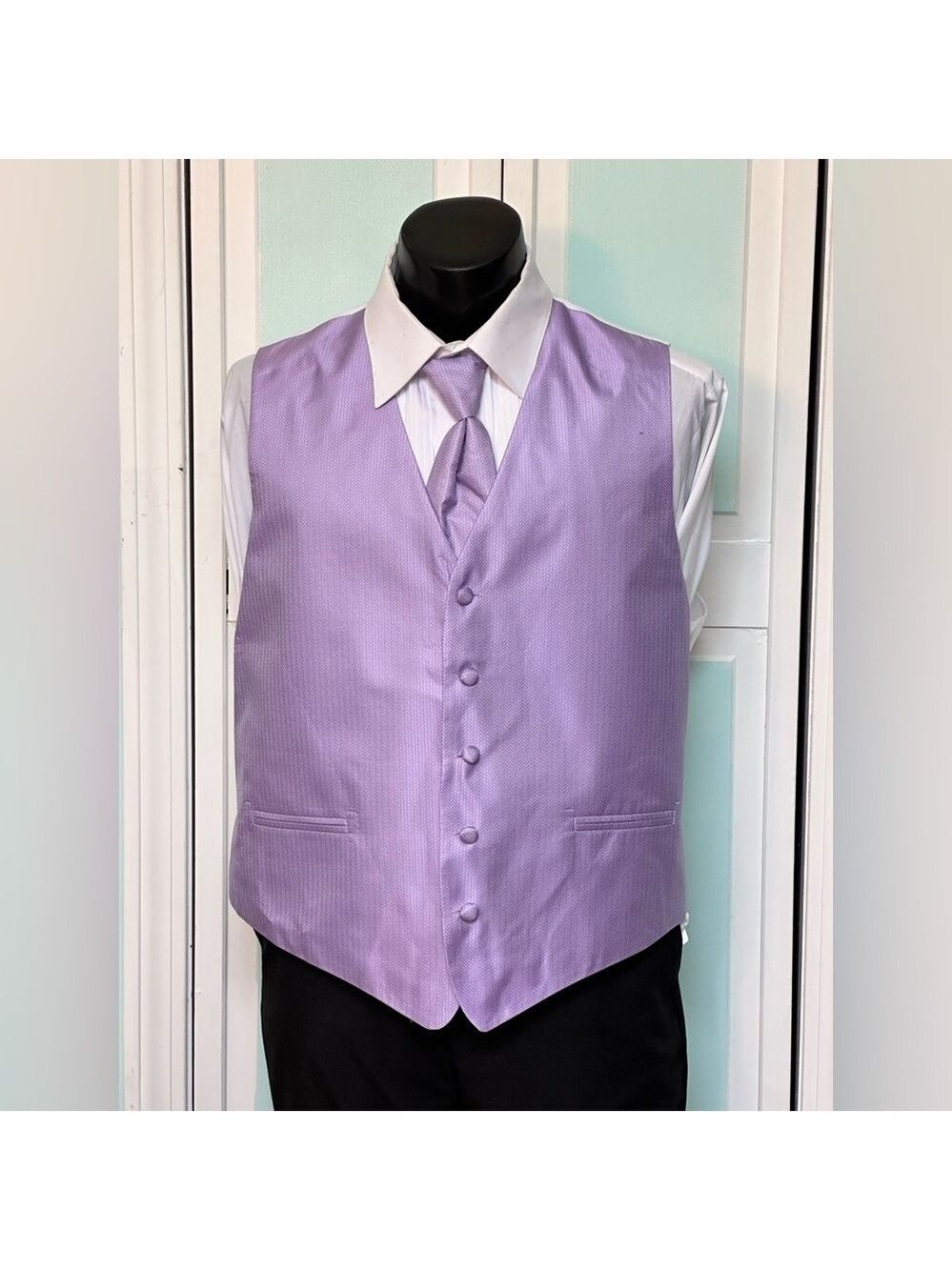 Lavender Lilac Purple Herringbone Closed Back Vest Wedding Prom Men’s XL Tall